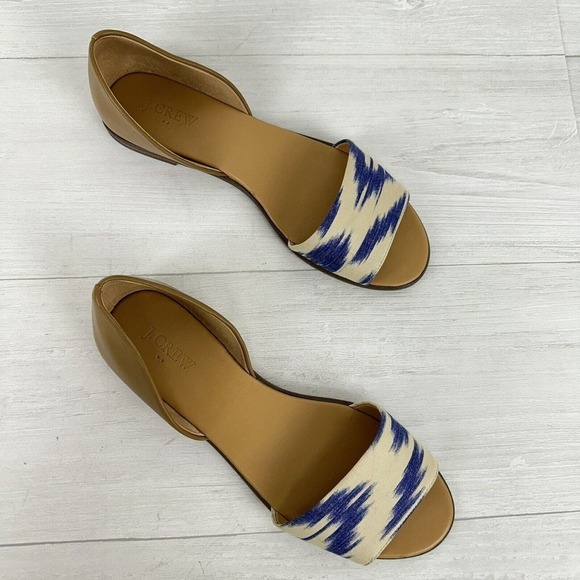 J. Crew Peep Toe Flats Slip On Sandals Women Size‎ 9 Ikat Print Blue Brown - Picture 8 of 12